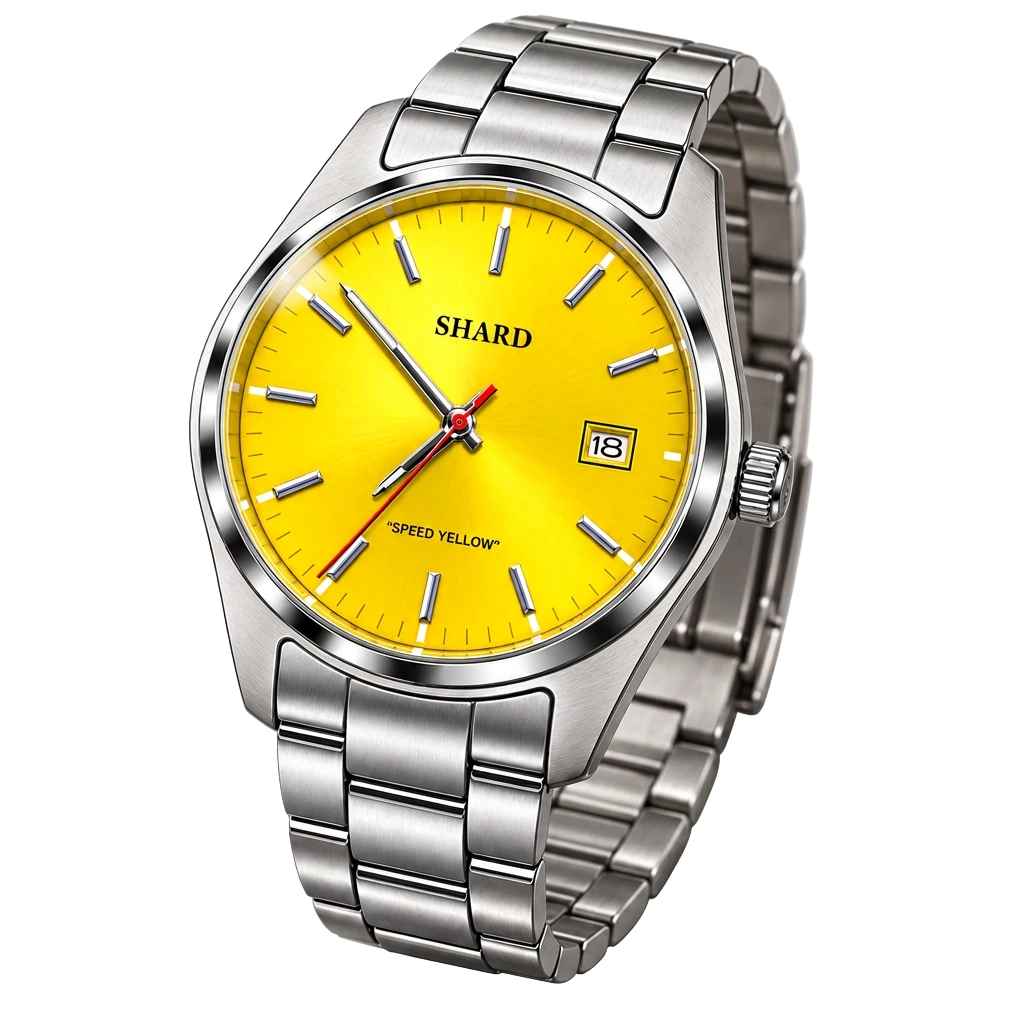 Three-quarter angle view of the Shard Sport Speed Yellow automatic watch
