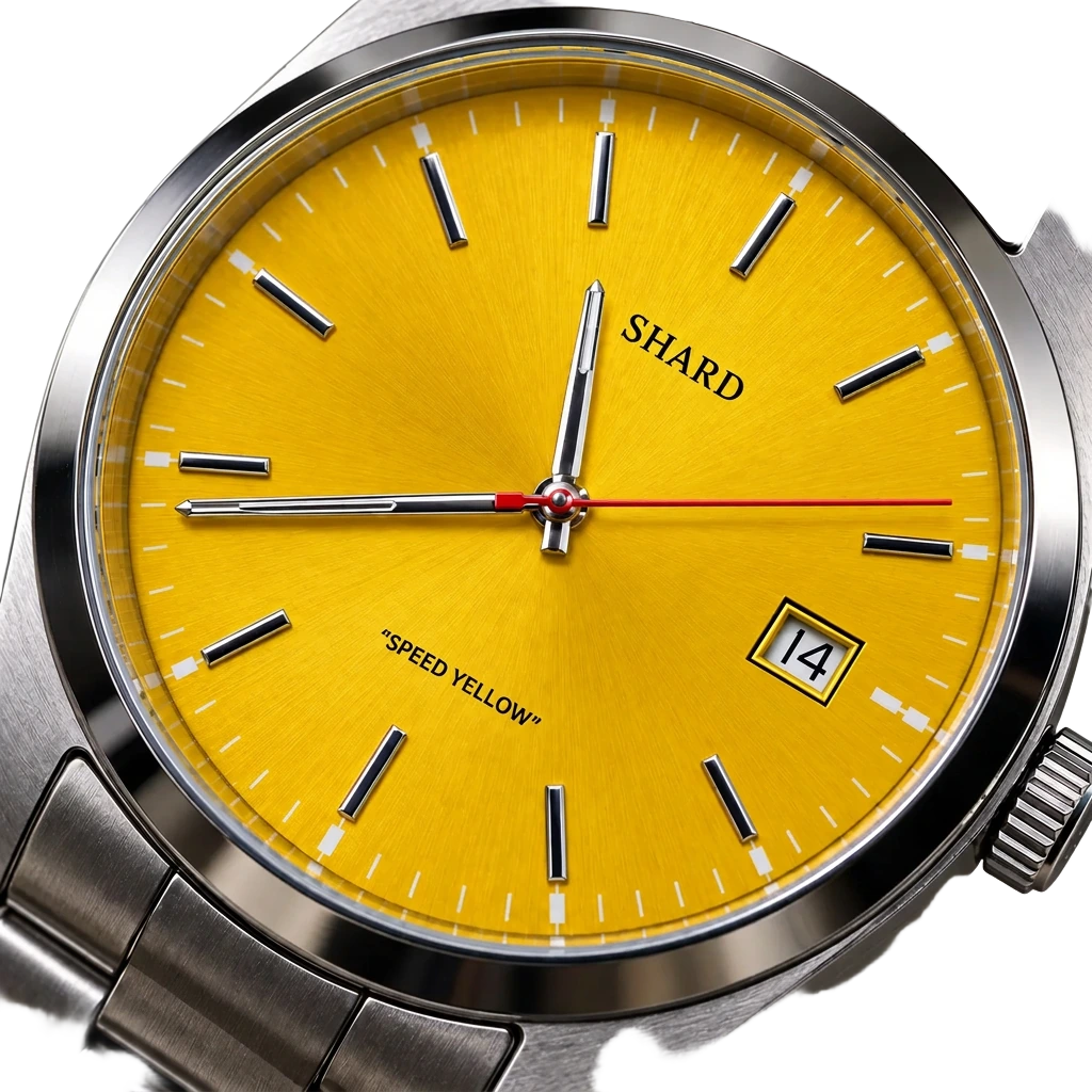 Macro close-up of the Speed Yellow sunburst dial and applied indices