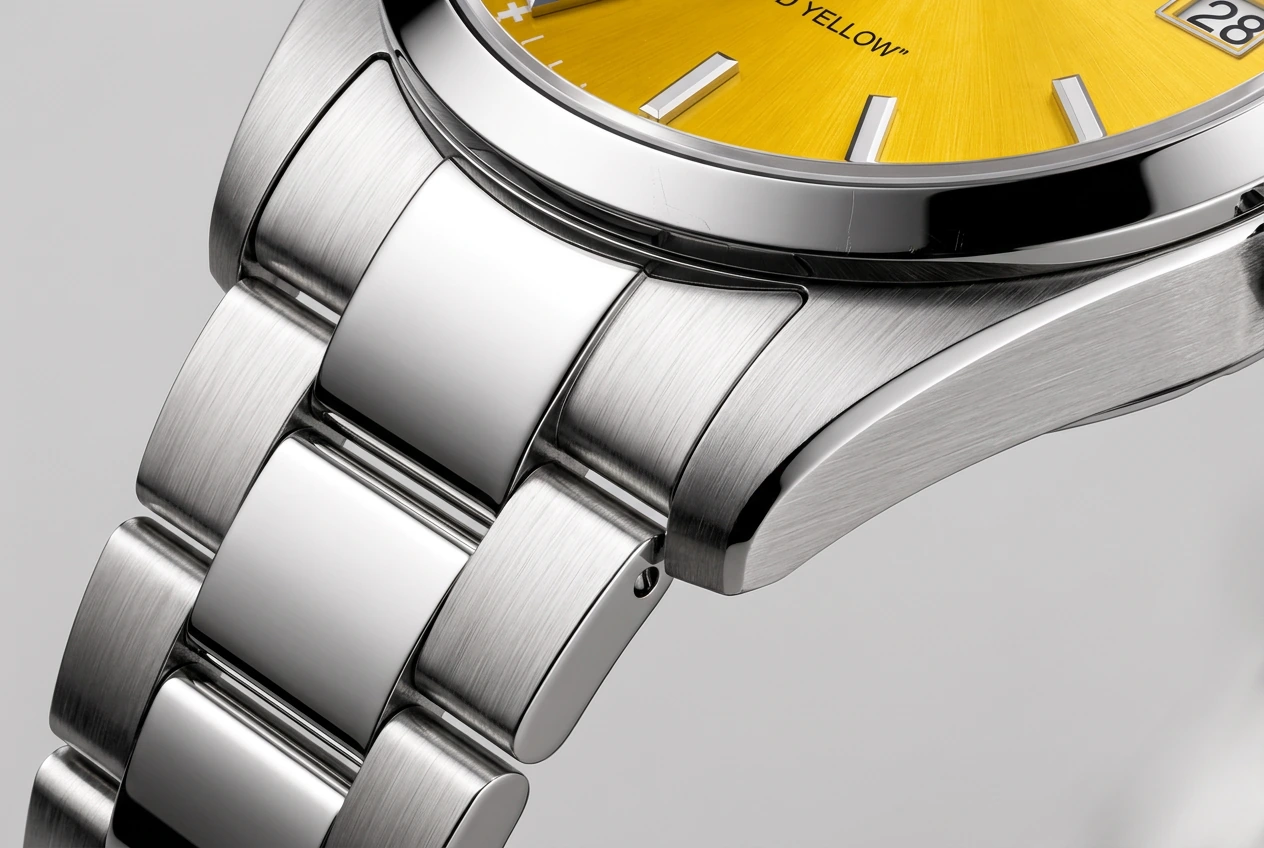 Detail of the polished and brushed 316L stainless steel bracelet and lugs